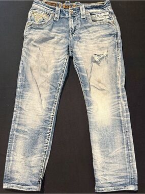 Rock Revival Smitty JeansBlue Dark Wash Straight Leg Fit Thick Stitch Mens 31
